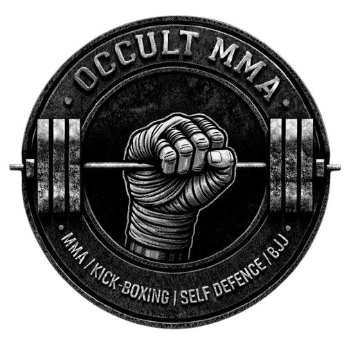 Occult MMA emblem — a wrapped fist gripping a barbell